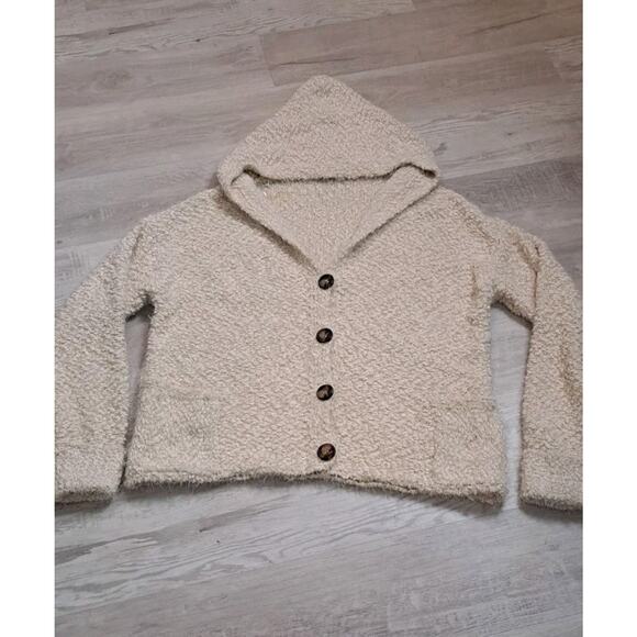 POL Cream Hooded Textured Boucle Sweater Cardigan Large Slouchy Boho Lounge - Picture 3 of 6